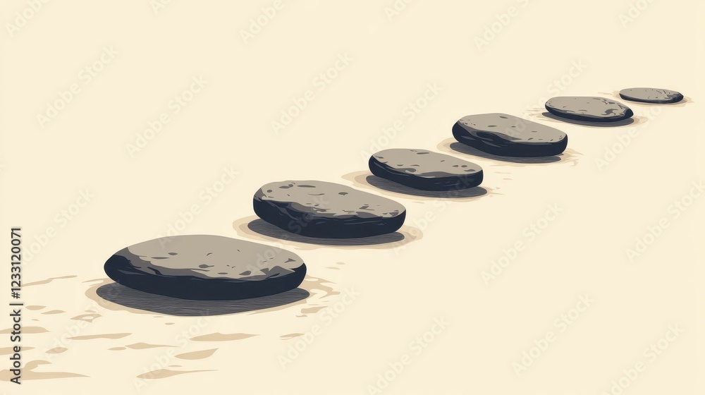 A minimalist 2D vector design showcasing a simple path of evenly spaced stepping stones in neutral tones. A minimalist 2D vector design showcasing a simple path of evenly spaced stepping stones in neutral tones.