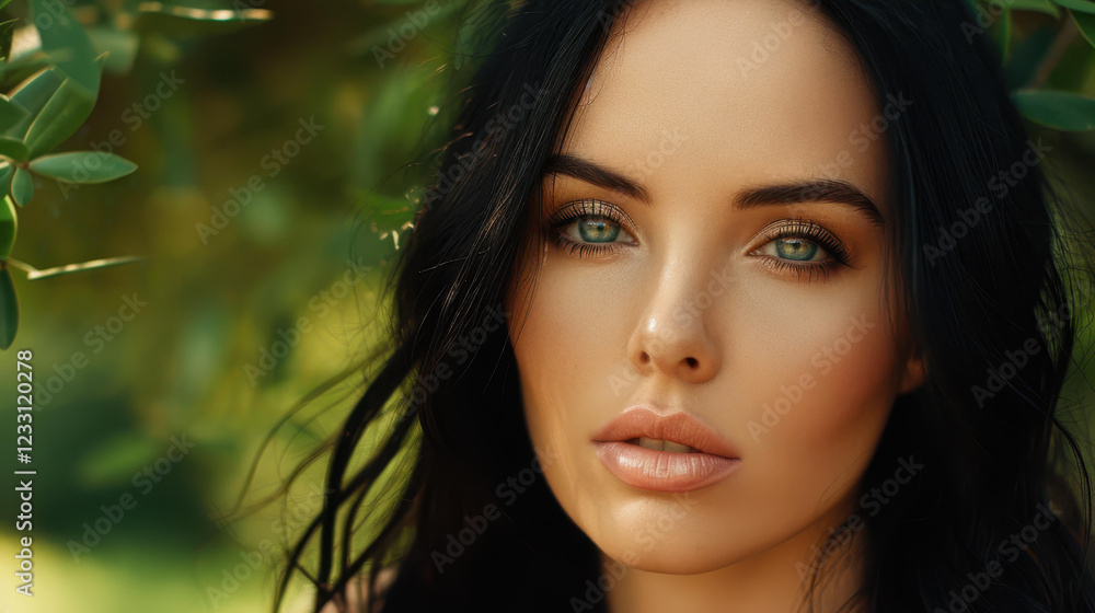 A stunning young woman with flowing black hair poses gracefully outdoors, radiating natural beauty and charm. A stunning young woman with flowing black hair poses gracefully outdoors, radiating natural beauty and charm.