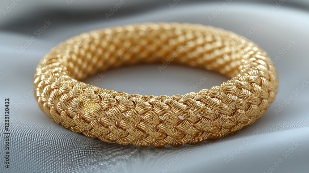 Fototapeta premium Gold woven bracelet on silk, elegant background, jewelry or fashion use