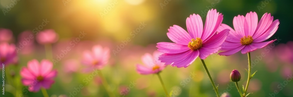 Cosmos flowers in full bloom, soft sunlight, tranquil garden setting , outdoor, light Cosmos flowers in full bloom, soft sunlight, tranquil garden setting , outdoor, light