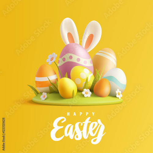 Happy Easter greetings. 3D daisies, Easter eggs, bunny ears looking up. Bright festive scene on a yellow background. Vector