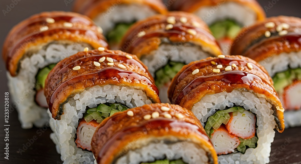 Delicious Unagi Sushi Rolls with Crab and Avocado Delicious Unagi Sushi Rolls with Crab and Avocado