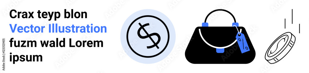 Dollar sign in a circle, elegant black handbag with price tag, falling coin. Ideal for e-commerce, fashion, luxury, finance, discount sales, shopping concepts flat landing page banner Dollar sign in a circle, elegant black handbag with price tag, falling coin. Ideal for e-commerce, fashion, luxury, finance, discount sales, shopping concepts flat landing page banner