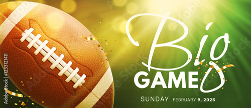 Big game championship banner with realistic classic brown leather 3d rugby ball and bright light on green background. Flyer for American football. Vector illustration