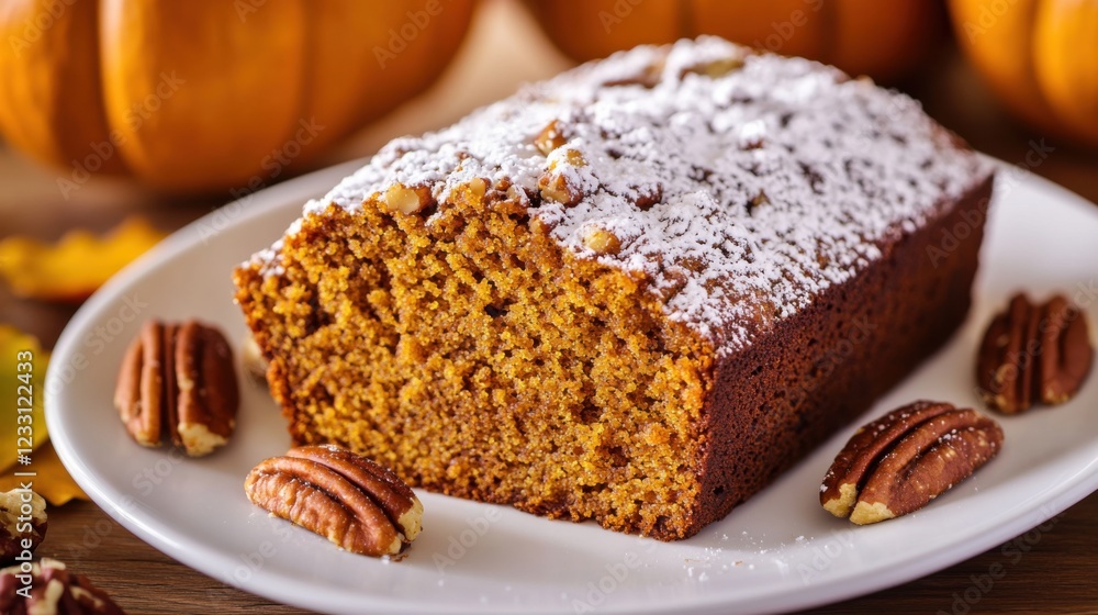 A slice of homemade pumpkin bread with a sprinkle of powdered sugar and a few pecan halves, placed on a plain white plate, Slice centered with a slightly angled view A slice of homemade pumpkin bread with a sprinkle of powdered sugar and a few pecan halves, placed on a plain white plate, Slice centered with a slightly angled view