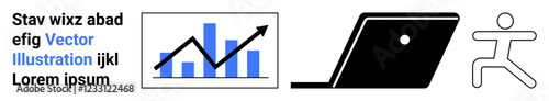 Bar graph with upward arrow, open laptop icon, and abstract human figure in action pose. Ideal for business, technology, growth, fitness, success, productivity modern abstract line flat metaphor