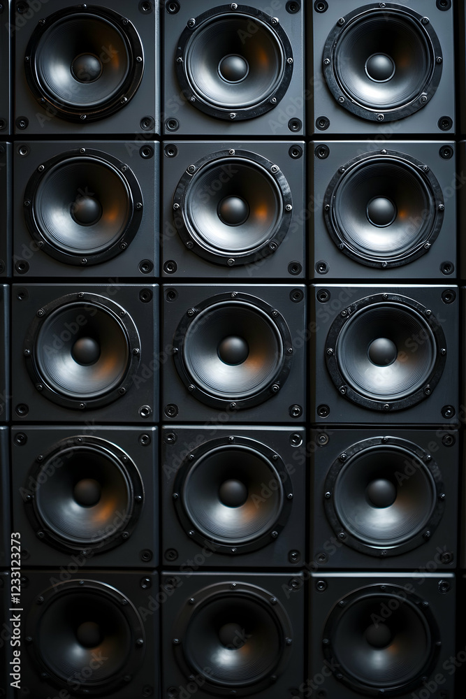 A wall of black speakers arranged in a grid, perfect for showcasing music production, sound design, or audio technology themes A wall of black speakers arranged in a grid, perfect for showcasing music production, sound design, or audio technology themes
