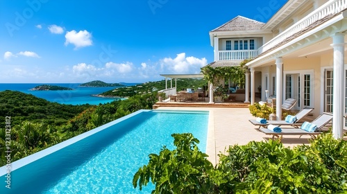 Fototapeta Naklejka Na Ścianę i Meble -  Luxury Caribbean Villa Ocean View Infinity Pool Tropical Getaway Stunning Home Estate Property Vacation Rental Real Estate Island Paradise Dream Home 