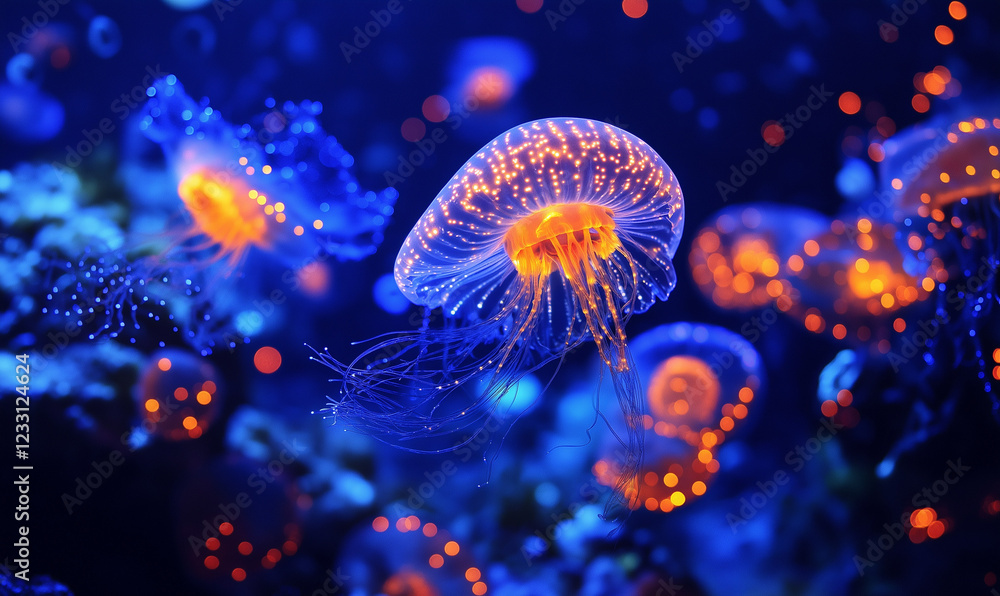 Naklejka premium Bioluminescent Marine Life Lighting Up the Ocean - An Underwater Light Show