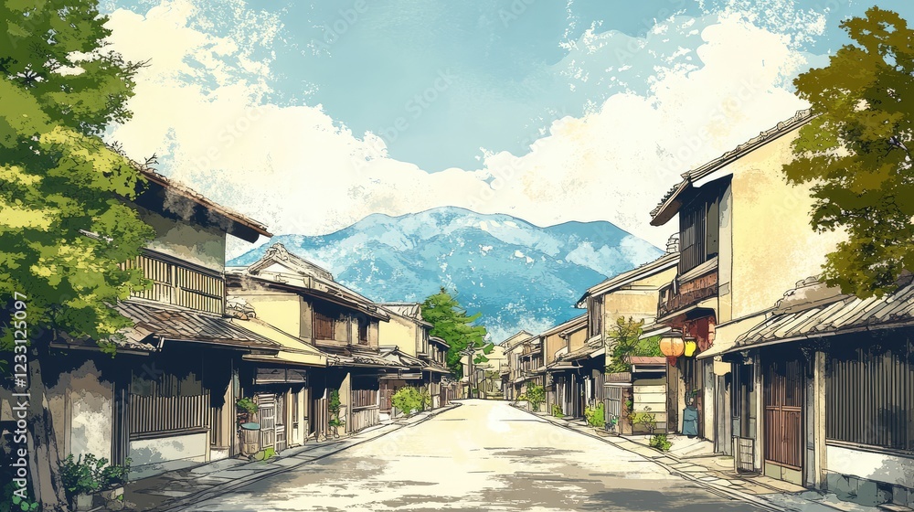 Naklejka premium illustration of vintage old Japanese town,
