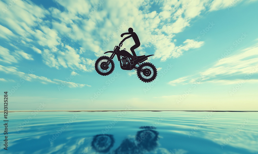 Fototapeta premium Stickman Jumping Over a Pool on a Motorcycle – A Thrilling Stunt in an Extreme Sports Challenge