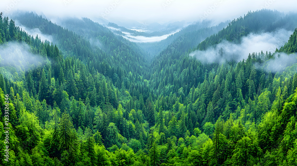 Fototapeta premium Misty mountain valley, lush green forest, aerial view, nature background, travel