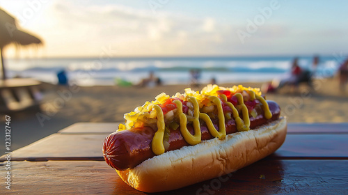 A juicy hot dog in a soft bun, topped with mustard and relish, sits on a wooden table at a beach at sunset. People relax in the background