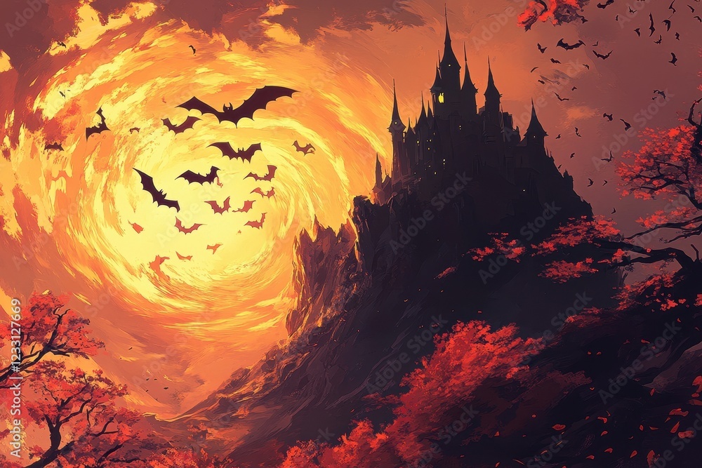 Dark Castle on a Cliff Bats Fly in a Fiery Sky Dark Castle on a Cliff Bats Fly in a Fiery Sky