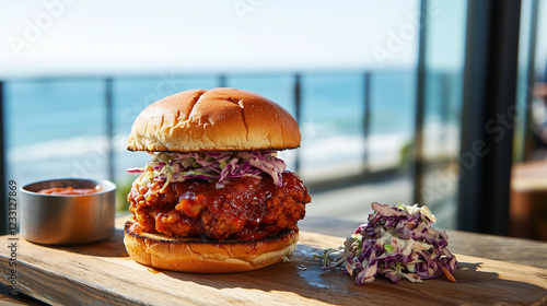 A delicious Korean fried chicken sandwich with coleslaw, served on a wooden board. Ocean view background. Spicy sauce included.