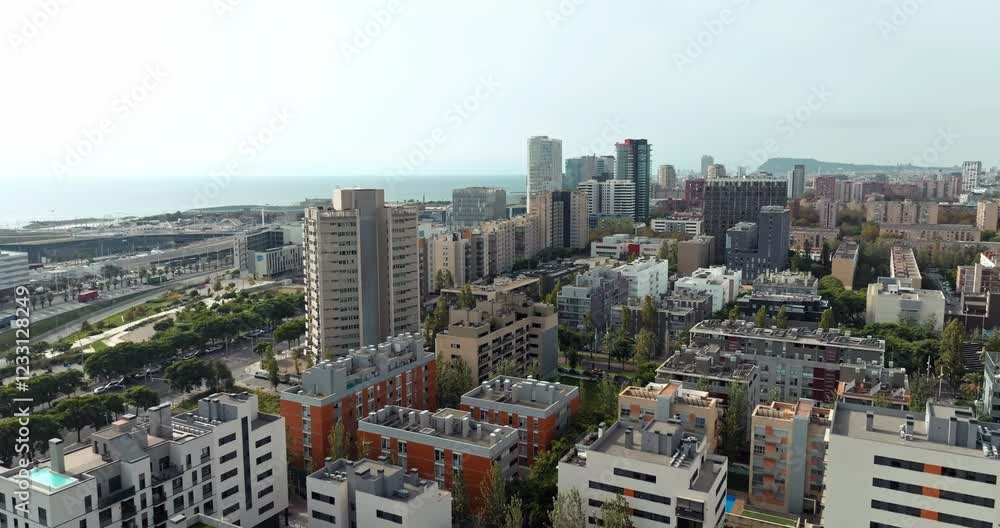 Barcelona business district aerial view: Modern high-rises, financial hubs, and innovative architectural landmarks shaping Catalonia corporate skyline. High quality 4k footage Barcelona business district aerial view: Modern high-rises, financial hubs, and innovative architectural landmarks shaping Catalonia corporate skyline. High quality 4k footage