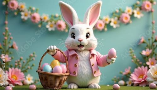 Photorealistic Easter bunny in creative clothes holding basket and decor photo