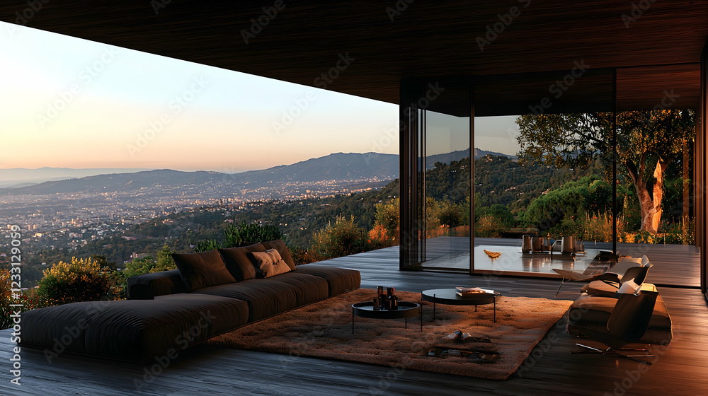 Obraz premium Sunset view from modern hillside home deck