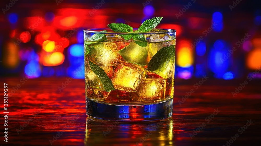 Iced mint cocktail on bar counter with colorful bokeh background Iced mint cocktail on bar counter with colorful bokeh background