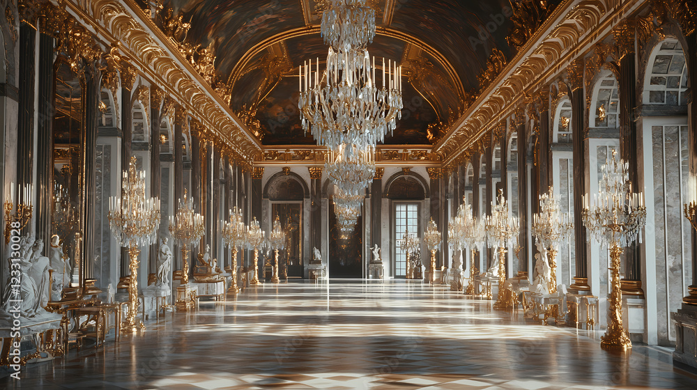 Obraz premium Opulent hall of mirrors interior at palace of versailles, featuring majestic chandeliers, ornate moldings, and lavish furnishings amidst grandiose reflective surfaces. Majestic Archway. Illustration