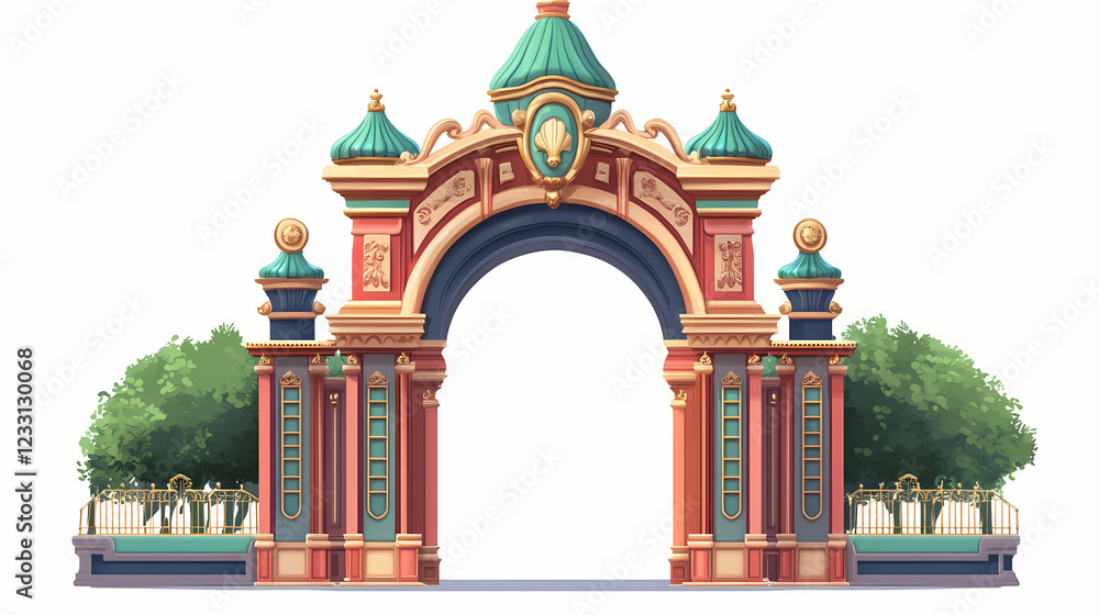 Fototapeta premium Ornate amusement park entrance gate, isolated on white background, transparent background. Majestic Archway. Illustration