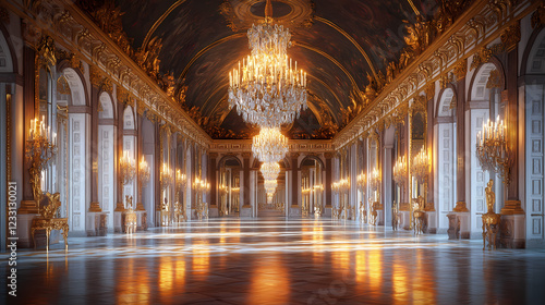 Opulent hall of mirrors interior at palace of versailles, featuring majestic chandeliers, ornate moldings, and lavish furnishings amidst grandiose reflective surfaces. Majestic Archway. Illustration