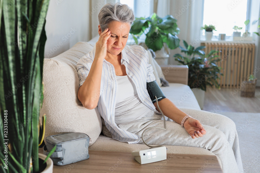 Concept health. An elderly beautiful gray-haired woman measures blood pressure Concept health. An elderly beautiful gray-haired woman measures blood pressure