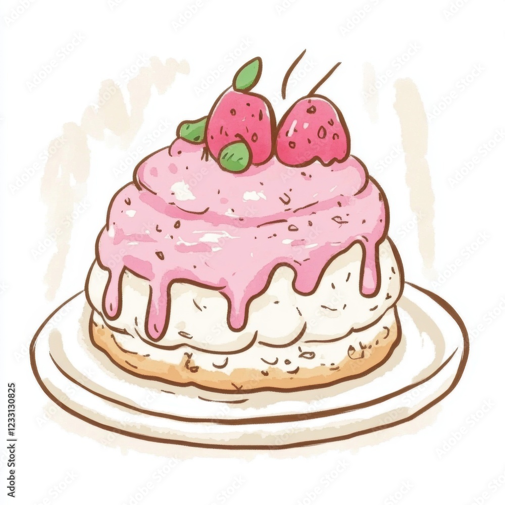 Delicious dessert with creamy icing and fresh strawberries on a plate, ideal for sweet treat lovers Delicious dessert with creamy icing and fresh strawberries on a plate, ideal for sweet treat lovers