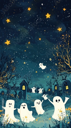 Playful Ghosts Frolic in a Starlit Halloween Graveyard photo