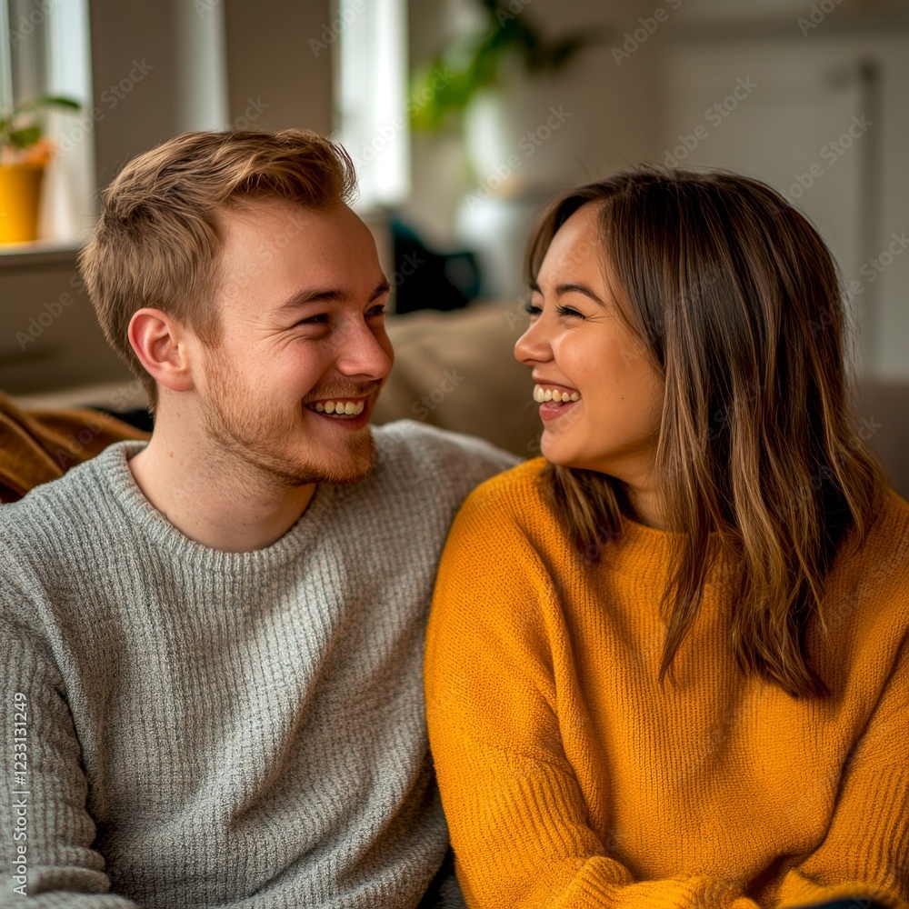 A warm and cozy moment shared between a couple. They smile and laugh happily in a bright and inviting space. Perfect for romantic or lifestyle themes. AI A warm and cozy moment shared between a couple. They smile and laugh happily in a bright and inviting space. Perfect for romantic or lifestyle themes. AI