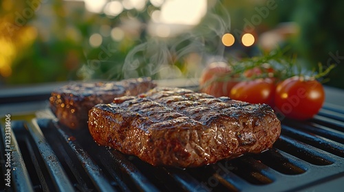 Juicy steaks grilling outdoors at sunset with garden bokeh photo