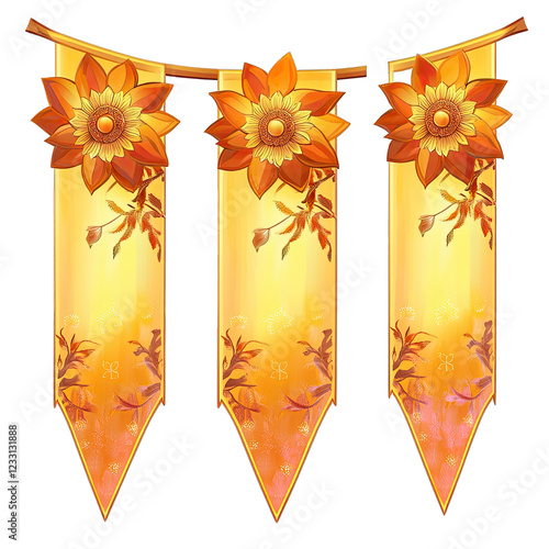 Bunting Flags Vector. Decorative Festa Junina Banners for Flower Festivals. Isolated on a Transparent Background. Cutout PNG.