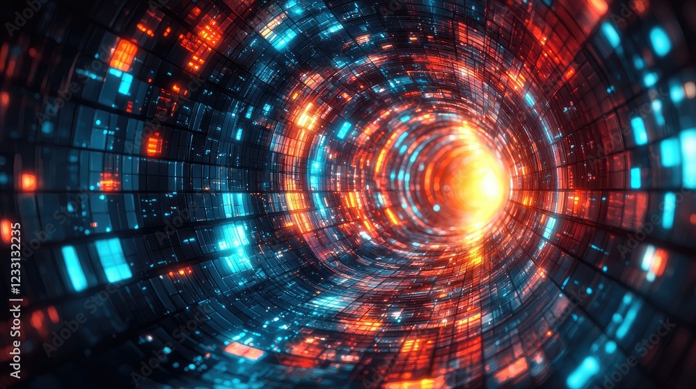 Abstract Digital Tunnel With Orange And Blue Lights Abstract Digital Tunnel With Orange And Blue Lights