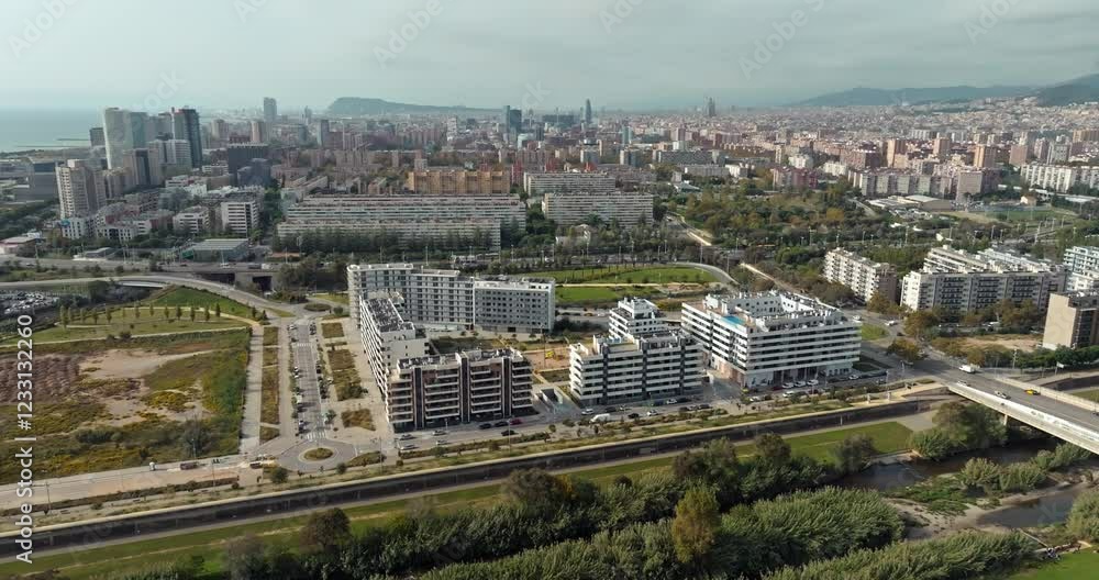 Aerial view of the urban landscape of Barcelona. Architecture of new buildings in residential areas of Catalonia, Spain. High quality 4k footage Aerial view of the urban landscape of Barcelona. Architecture of new buildings in residential areas of Catalonia, Spain. High quality 4k footage