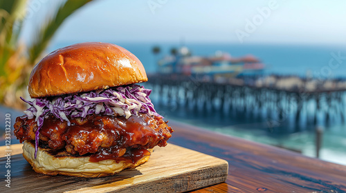 Closeup of a BBQ chicken sandwich with red cabbage slaw on a wooden board. Ocean and pier backdrop. Appetizing summer food scene.