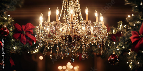 Chandelier Surrounded by Holiday Decorations with Warm Festive Lights