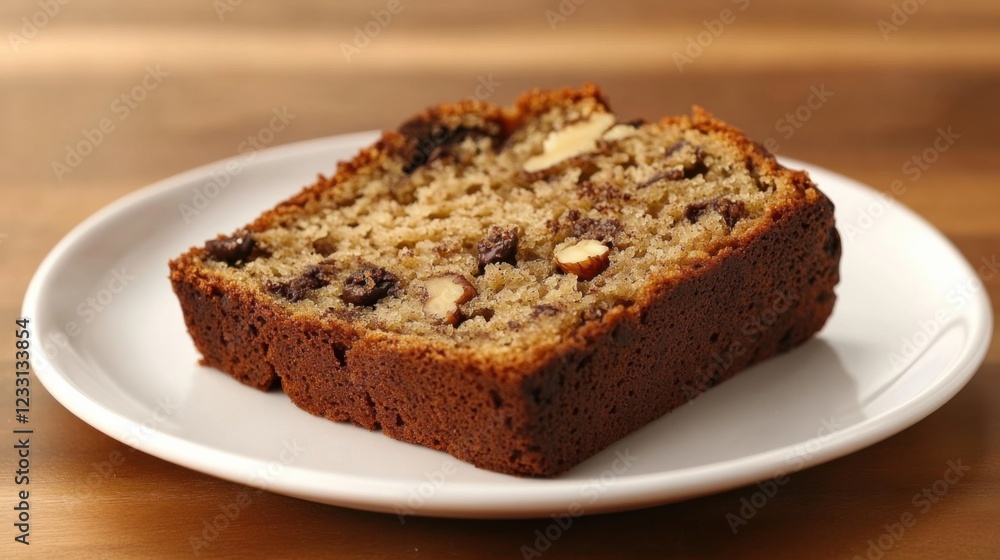 A slice of moist banana bread with walnuts and chocolate chips, placed on a plain white plate, Slice centered with a slightly angled view A slice of moist banana bread with walnuts and chocolate chips, placed on a plain white plate, Slice centered with a slightly angled view