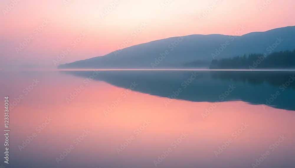 Serene Sunset Over Misty Lake and Mountain Serene Sunset Over Misty Lake and Mountain
