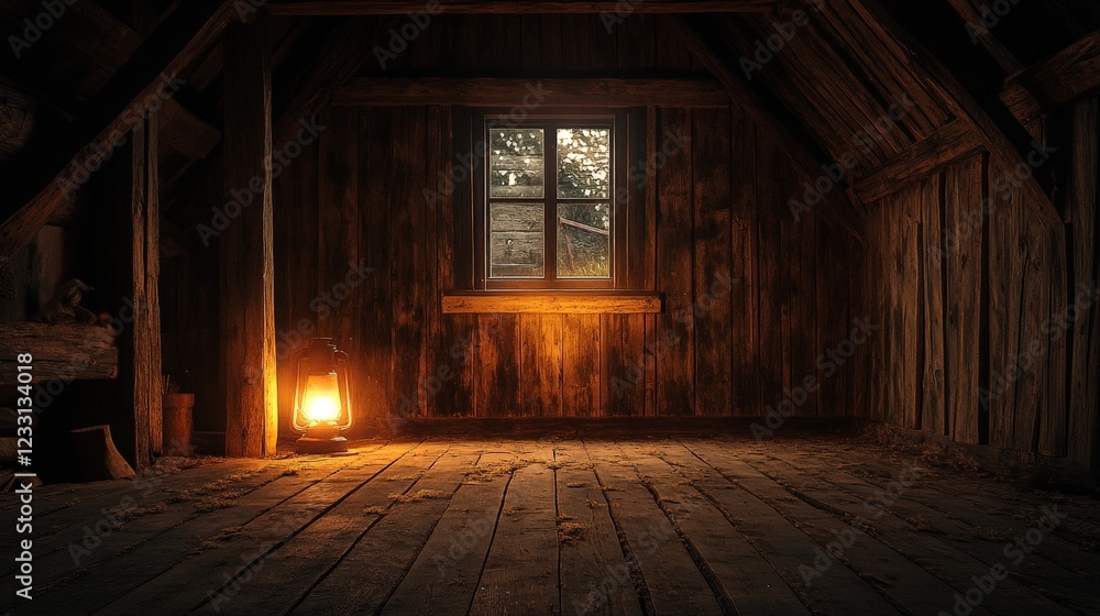 Fototapeta premium A rustic barn interior lit by a glowing lantern, showcasing wood textures and nostalgic warmth. Ideal for rural or storytelling themes.