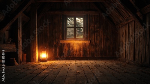 A rustic barn interior lit by a glowing lantern, showcasing wood textures and nostalgic warmth. Ideal for rural or storytelling themes.