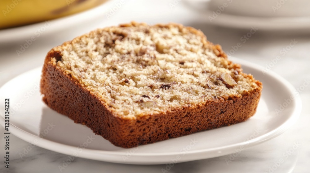 A slice of moist banana bread with walnuts and chocolate chips, placed on a plain white plate, Slice centered with a slightly angled view A slice of moist banana bread with walnuts and chocolate chips, placed on a plain white plate, Slice centered with a slightly angled view