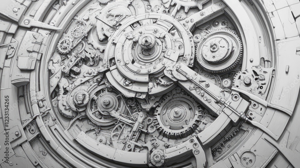In a captivating close-up, the intricate clock mechanism comes to life, revealing its mesmerizing inner workings. Gears, springs, and wheels collaborate in a symphony. Illustration. In a captivating close-up, the intricate clock mechanism comes to life, revealing its mesmerizing inner workings. Gears, springs, and wheels collaborate in a symphony. Illustration.