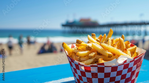 A red and white checkered paper cup overflows with golden french fries. A blurred beach scene with a pier and ocean is in the background