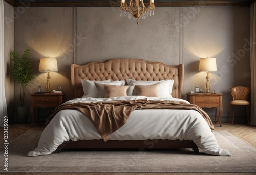 Elegant bedroom with vintage decor and luxury bedding, pillows, cozy