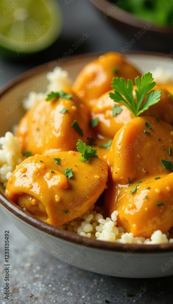 Close-up of creamy, orange butter chicken in a bowl, turmeric, top view Close-up of creamy, orange butter chicken in a bowl, turmeric, top view