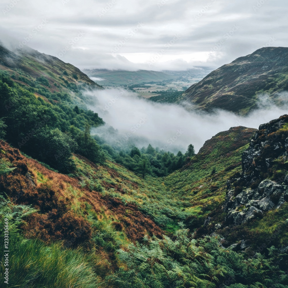 A serene valley nestled between mountains. Lush greenery and mist create an enchanting atmosphere. Ideal for nature lovers, hikers, and landscape photography enthusiasts. AI A serene valley nestled between mountains. Lush greenery and mist create an enchanting atmosphere. Ideal for nature lovers, hikers, and landscape photography enthusiasts. AI