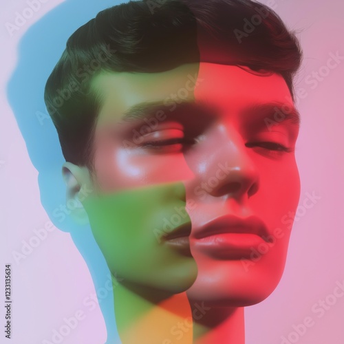 Surreal dual-tone portrait with red and green colorful lighting effects on human face photo