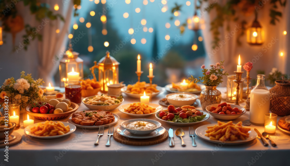 Romantic Dinner Table Setting with Candles and Delicious Food Romantic Dinner Table Setting with Candles and Delicious Food