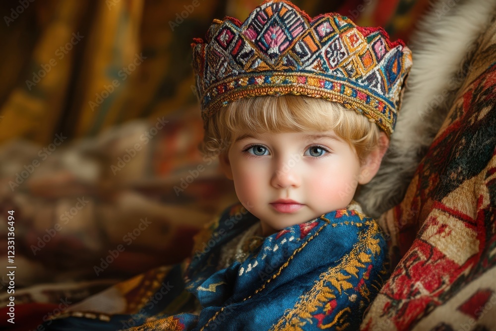 Fototapeta premium Child wearing ornate traditional outfit with detailed crown in a rich fabric setting