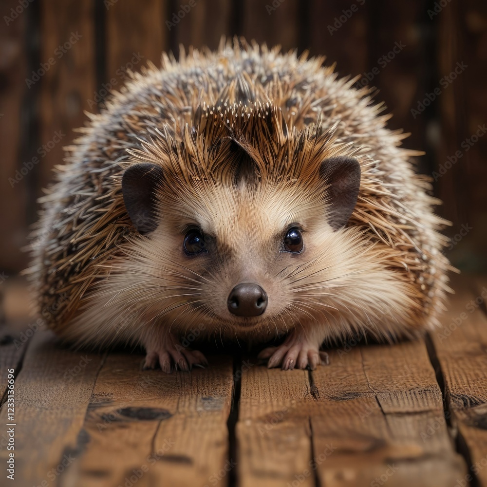 Fototapeta premium Hedgehog snuggled into its fur on a rustic wooden surface, cozy scene, spiky animal